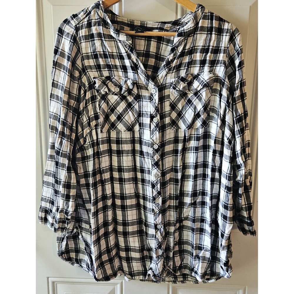 Intro Women 3X Black White Plaid‎ Rayon Button Front Roll Tab Tunic Top